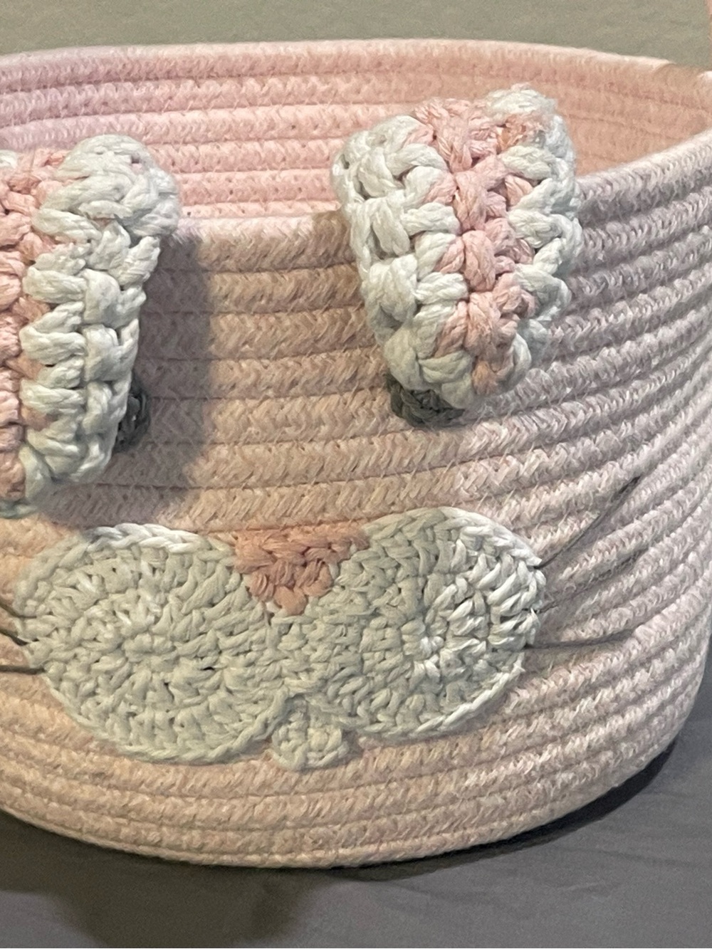 Kids Pink Crochet Storage Basket with White Accents